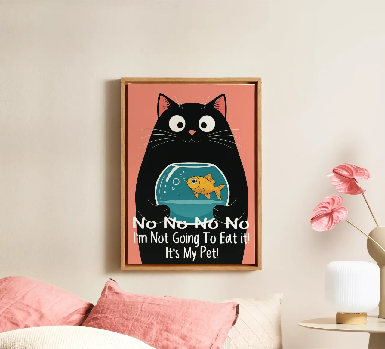 Cat and Fish Funny Art canvas with Floater frame by Nayara