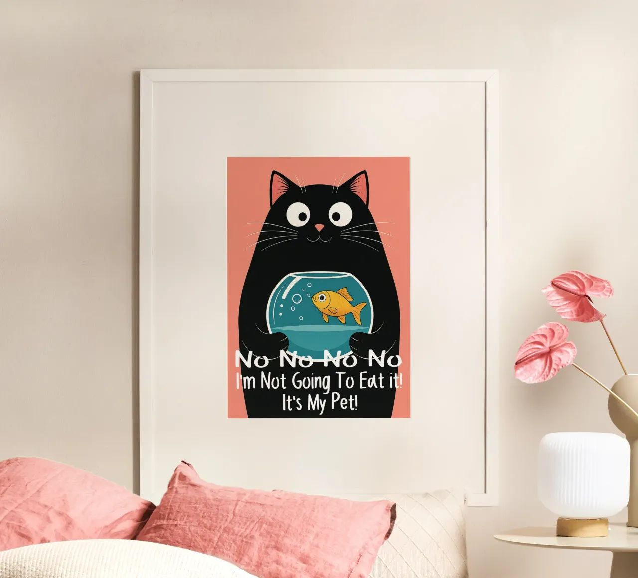 Gatto e pesce Arte divertente poster con telaio in plastica da Nayara