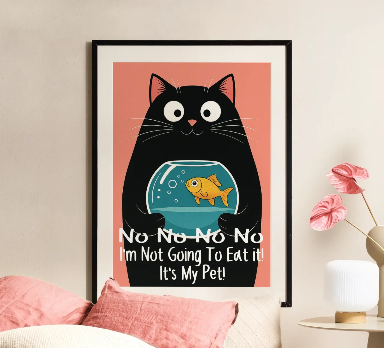 Gatto e pesce Arte divertente poster con telaio in plastica da Nayara