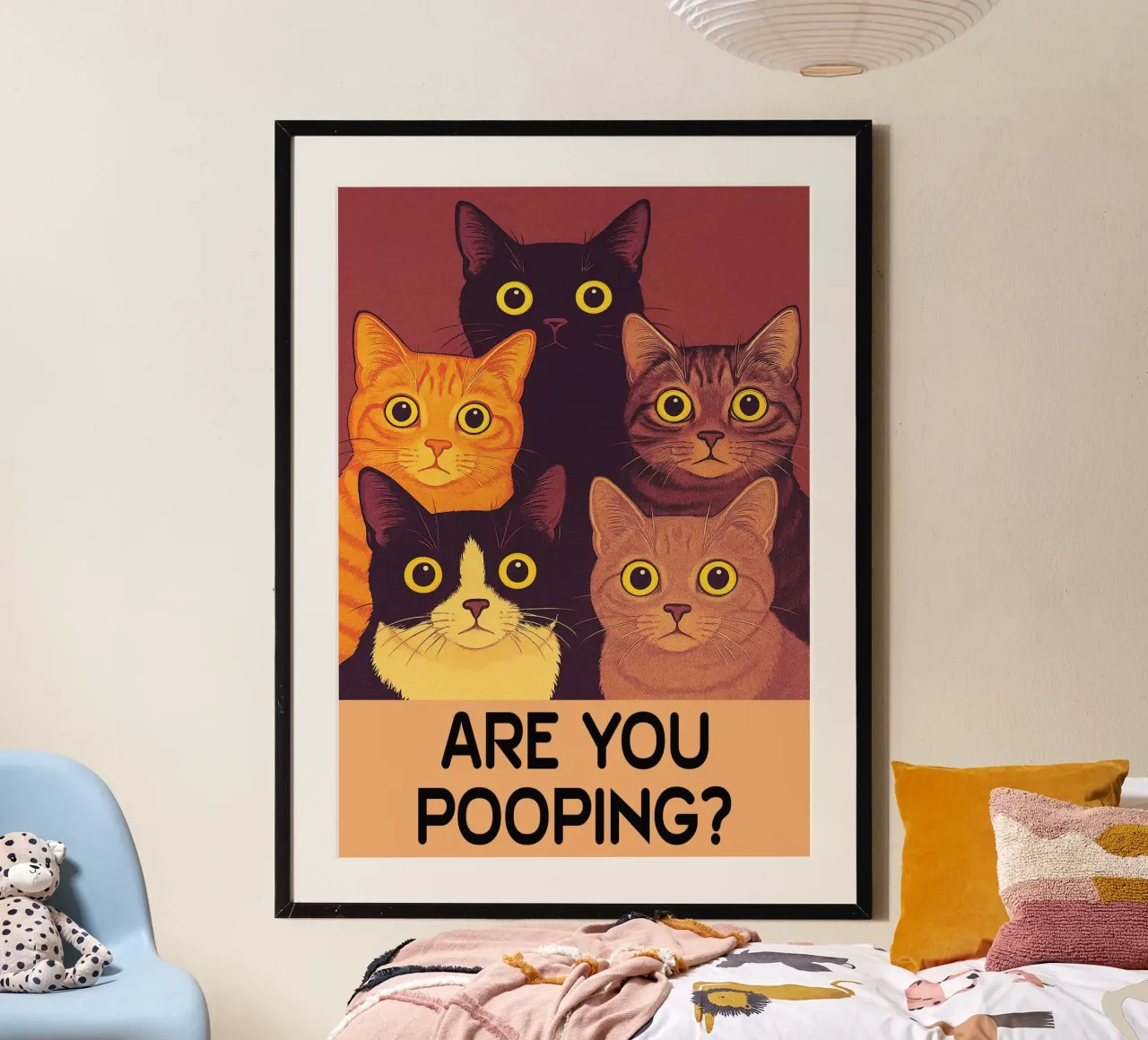 gatto stai facendo la cacca in bagno poster con telaio in alluminio da Nayara
