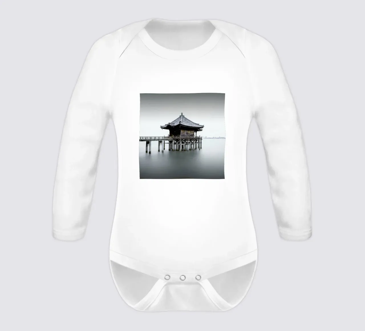 Japan Floating Temple long-sleeve baby romper by Michael J. Reibert