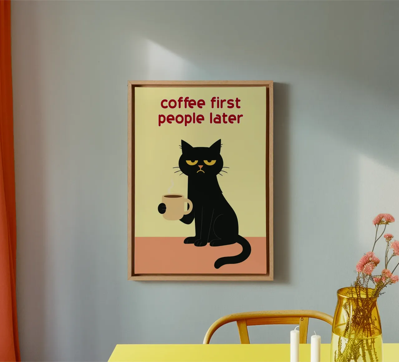 coffee first people later funny cat canvas with Floater frame by Nayara