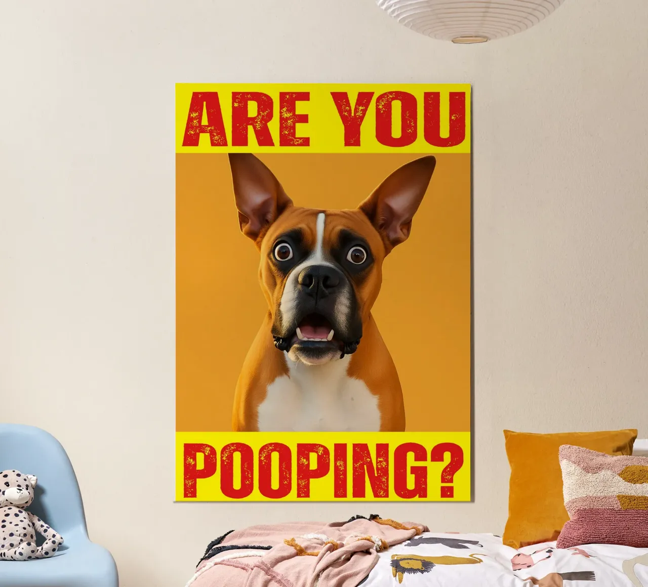 cane stai facendo la cacca nei gabinetti poster con telaio in legno da Nayara