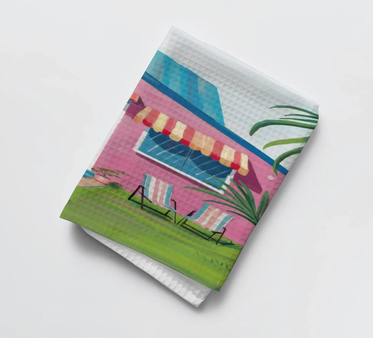Bubblegum Beach House tea towel by Pake Nebula