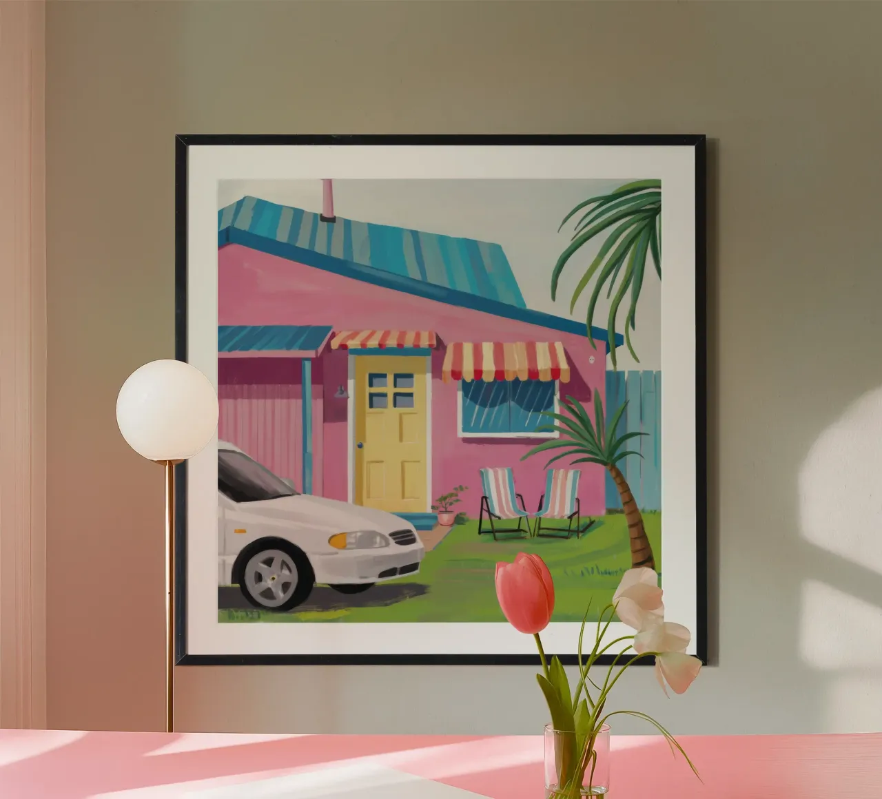 Casa sulla spiaggia Bubblegum poster con telaio in legno da Pake Nebula
