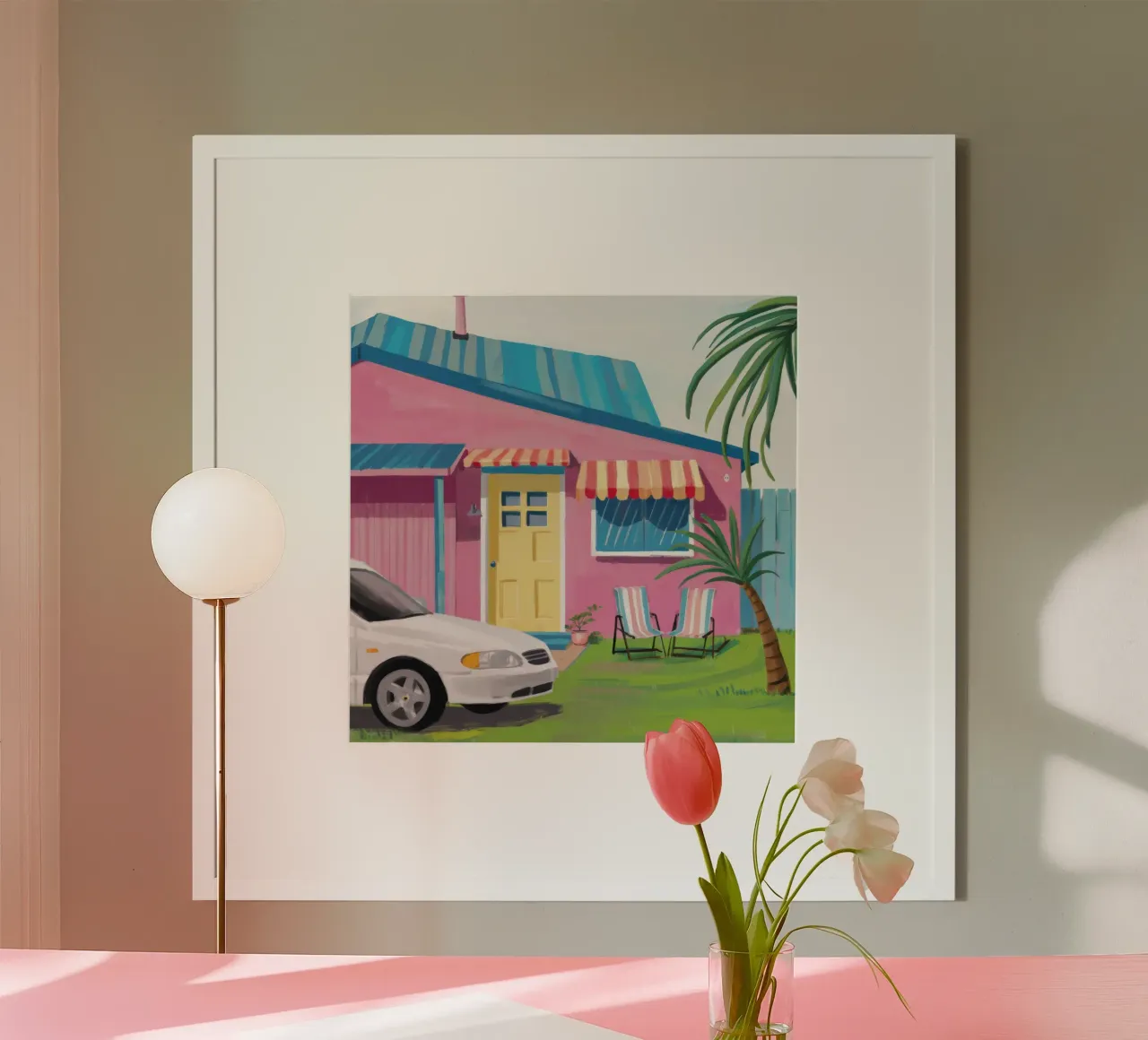 Casa sulla spiaggia Bubblegum poster con telaio in legno da Pake Nebula