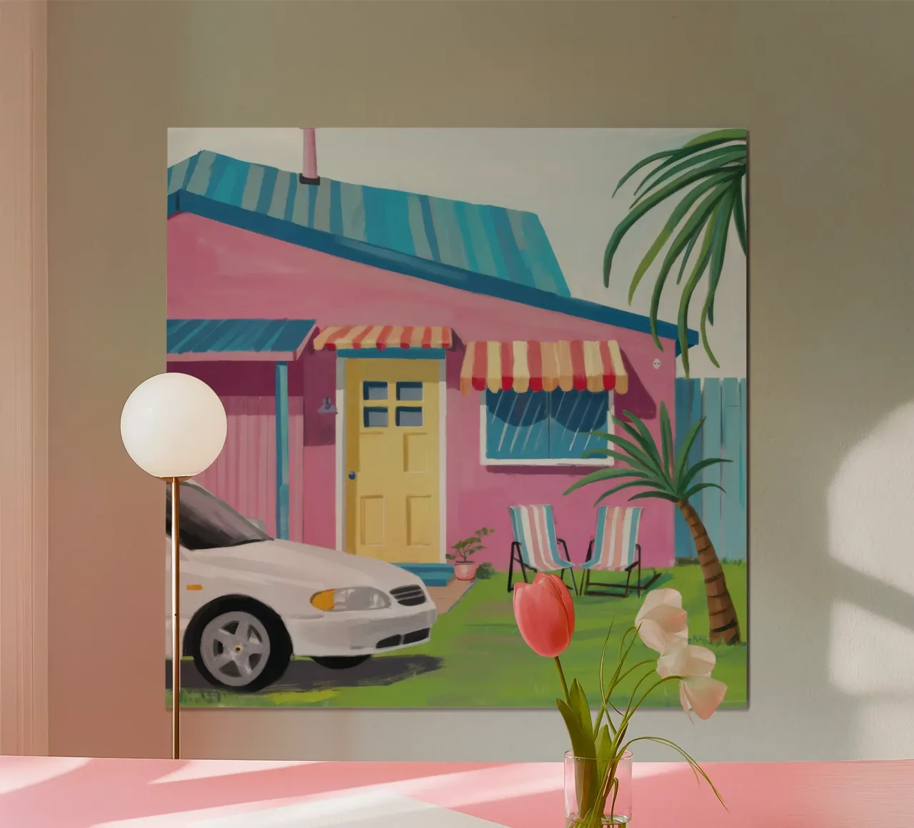Casa sulla spiaggia Bubblegum poster con telaio in legno da Pake Nebula