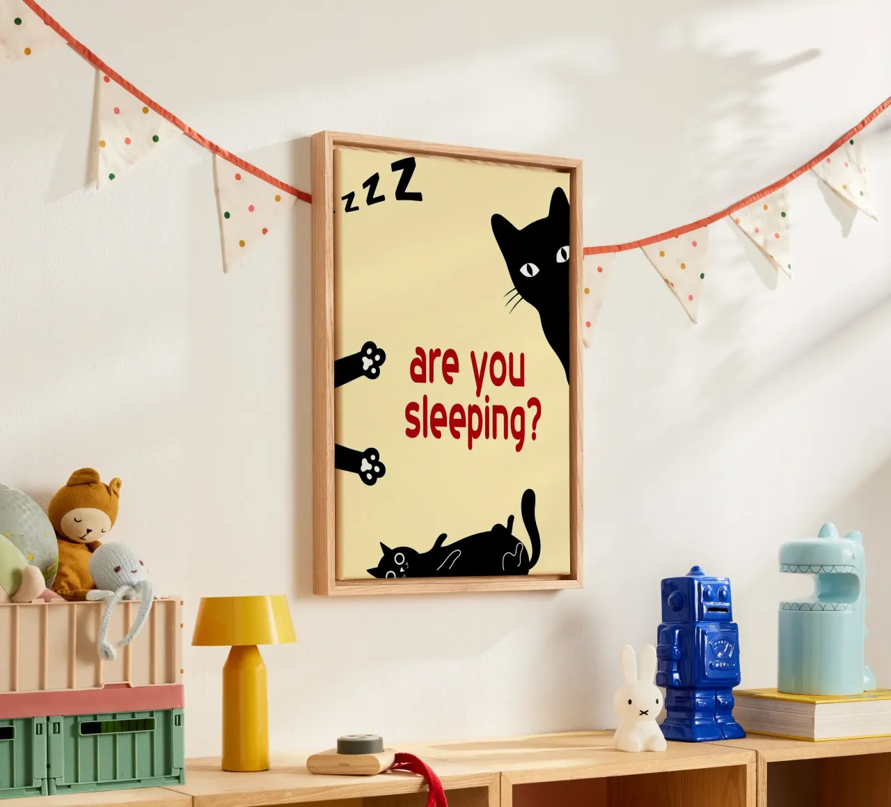 funny cat are you sleeping bedroom canvas with Floater frame by Nayara