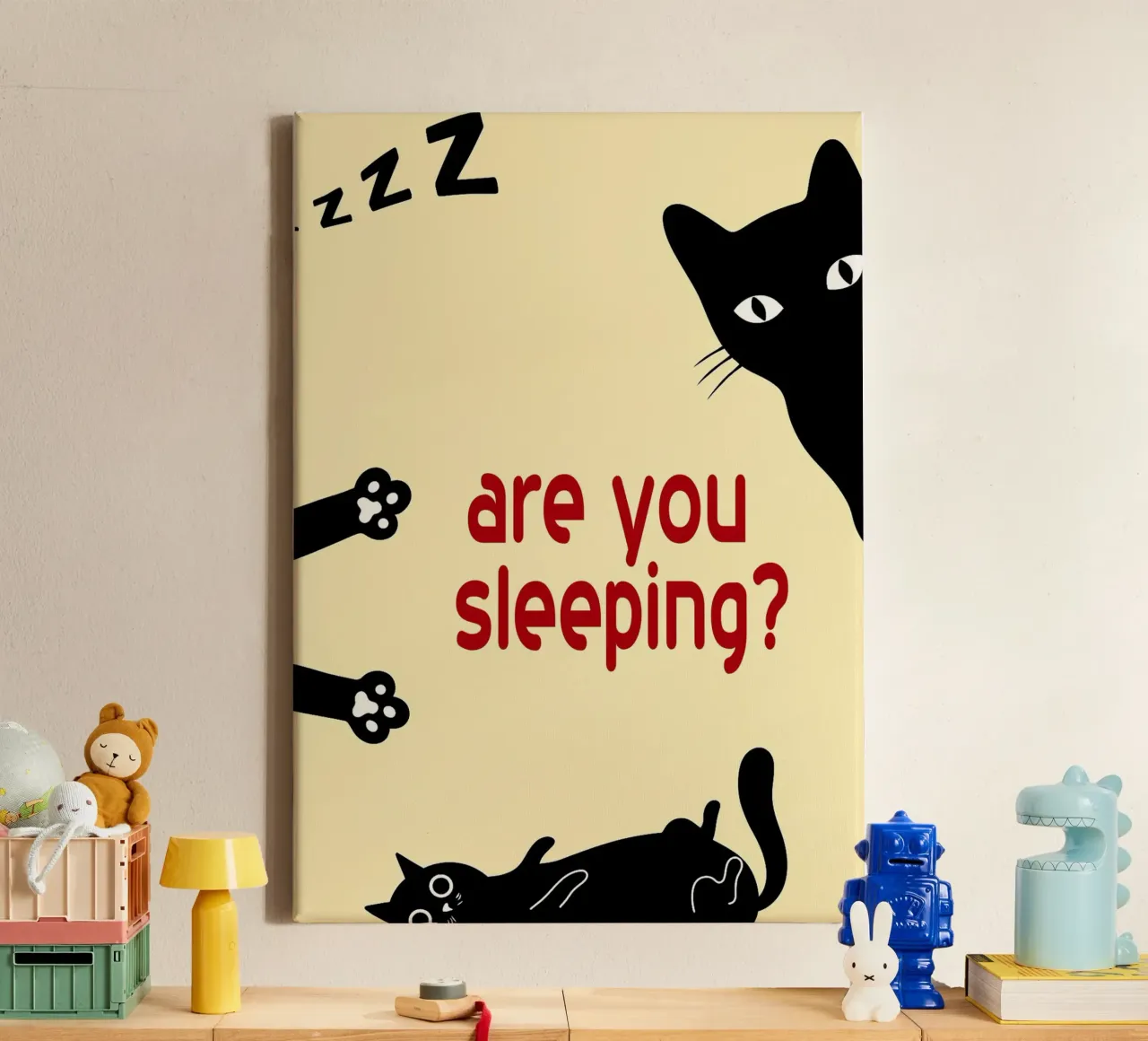 funny cat are you sleeping bedroom canvas with Floater frame by Nayara