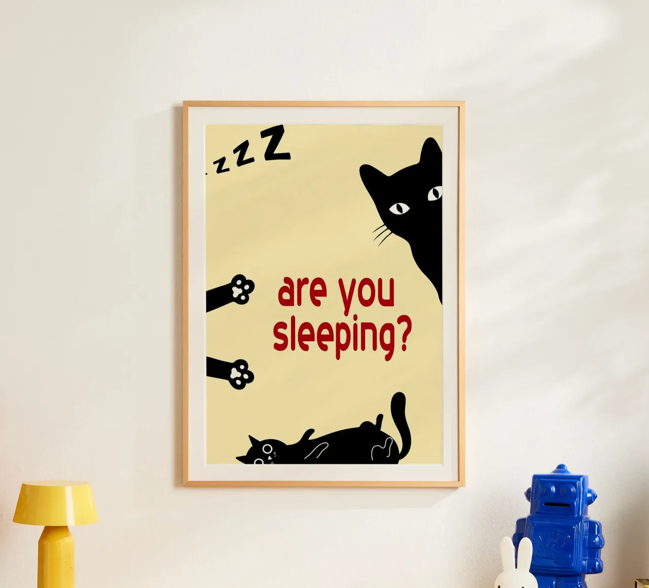 gatto divertente stai dormendo camera da letto poster con telaio in plastica da Nayara