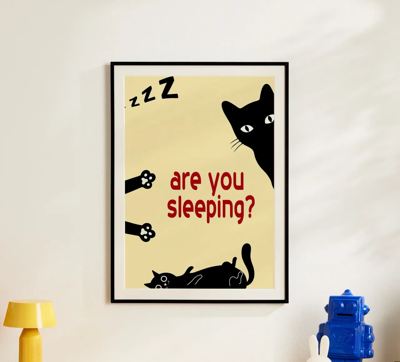 gatto divertente stai dormendo camera da letto poster con telaio in plastica da Nayara