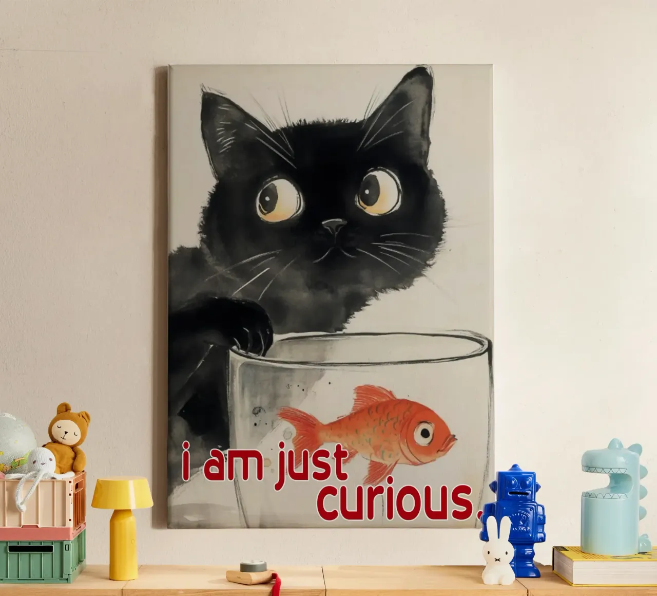 gato gracioso solo tengo curiosidad lienzo con Marco flotante de Nayara
