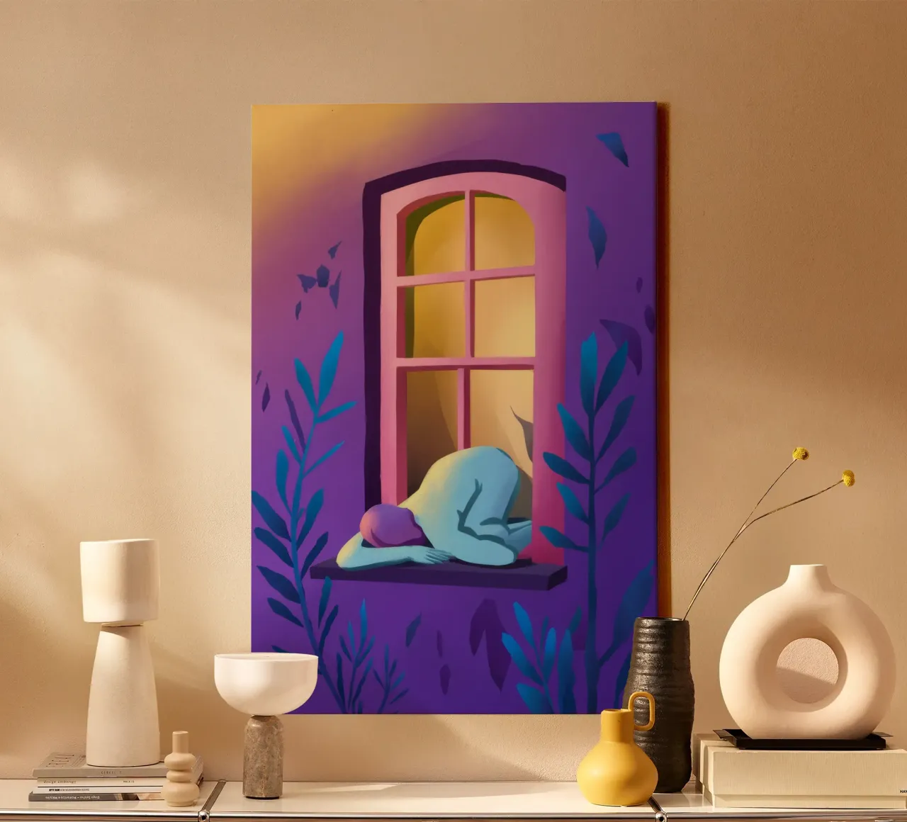 Window Watcher Dusk canvas with Floater frame by Pake Nebula