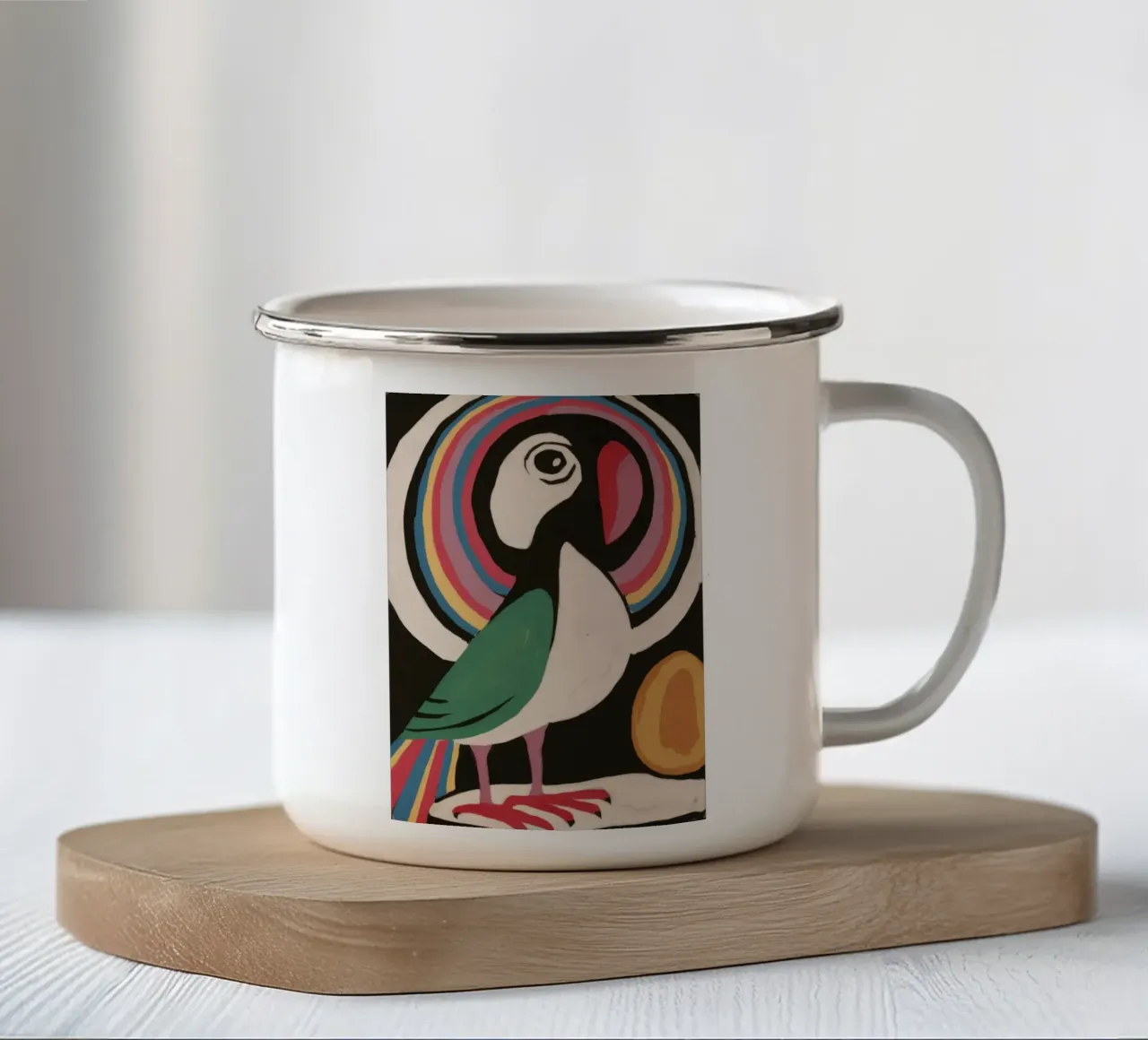 Emblema aviario cromatico tazza in smalto da Pake Nebula