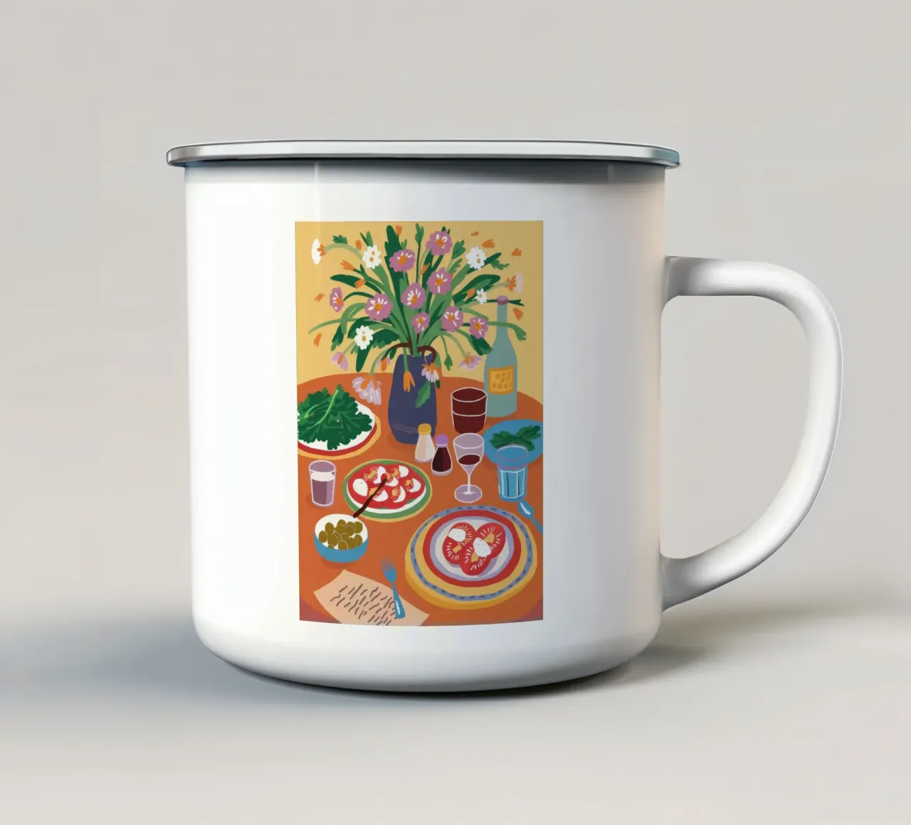 Festive Table Spread enamel mug by Pake Nebula