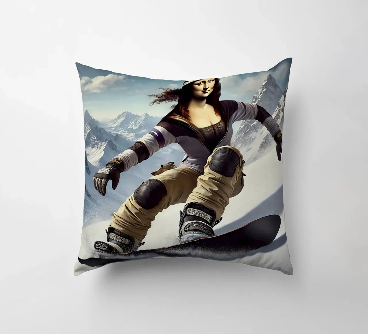 MONA LISA on a Snowboard cuscino da Vintage Van Gogh