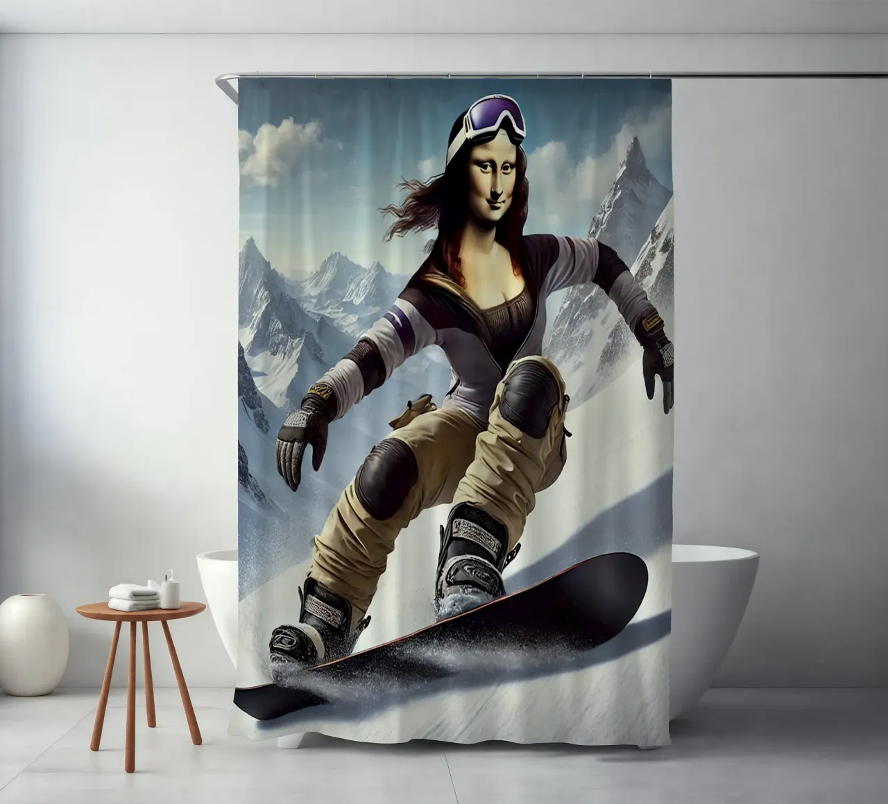 MONA LISA on a Snowboard tenda da doccia da Vintage Van Gogh
