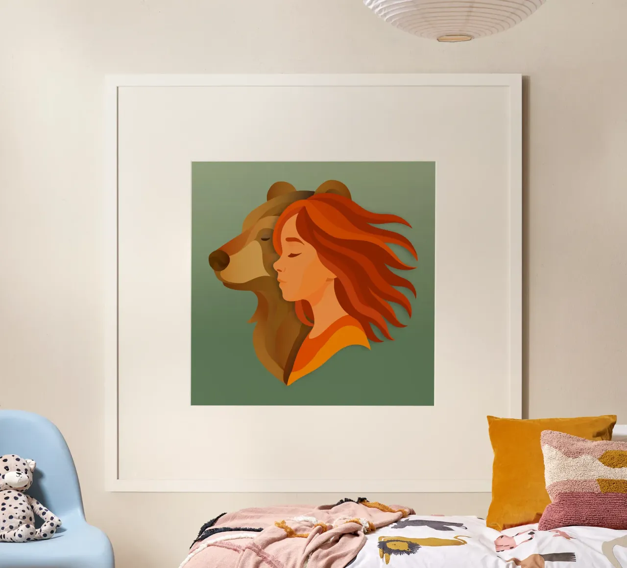 Armonia tra la ragazza e l'orso - potere della natura e dell'amicizia poster con telaio in legno da namosh