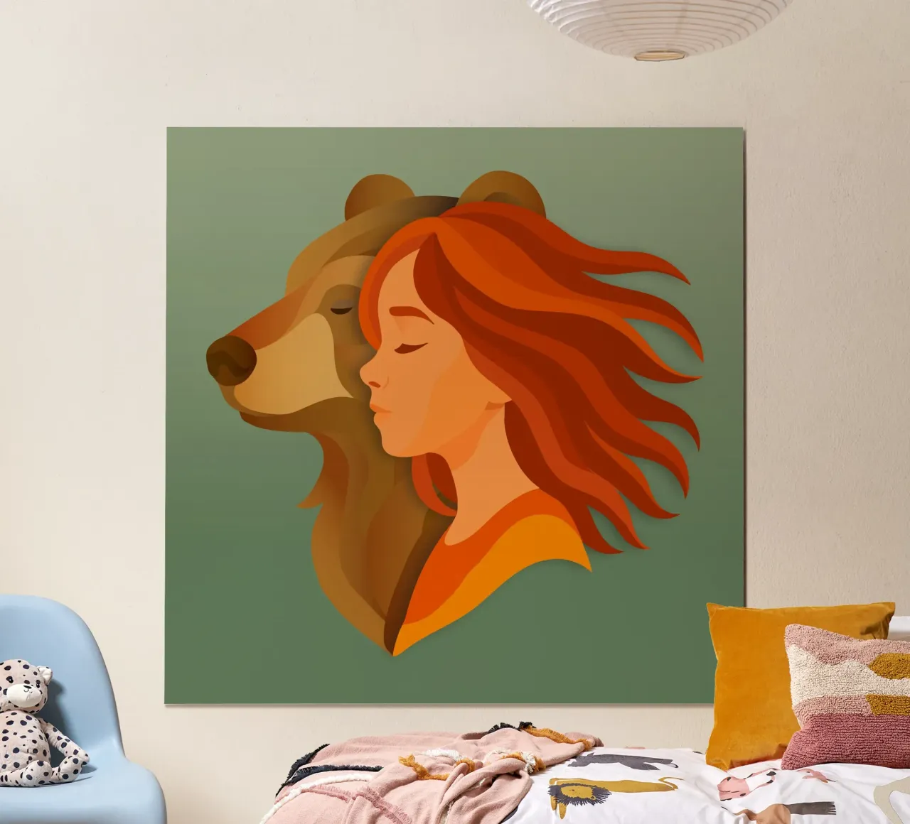 Armonia tra la ragazza e l'orso - potere della natura e dell'amicizia poster con telaio in legno da namosh