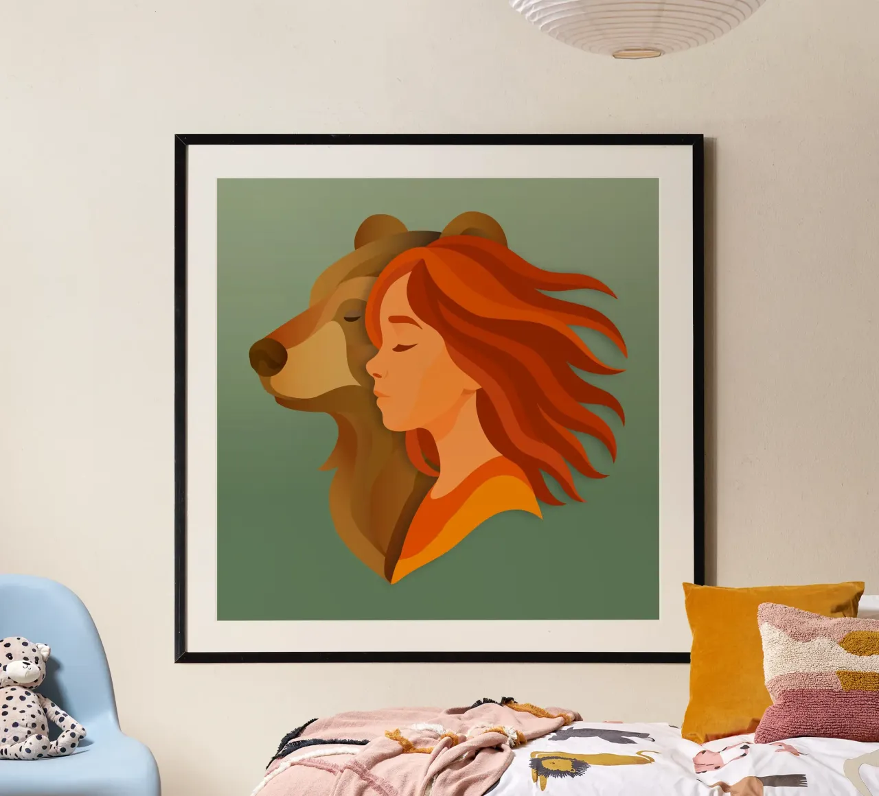 Armonia tra la ragazza e l'orso - potere della natura e dell'amicizia poster con telaio in legno da namosh