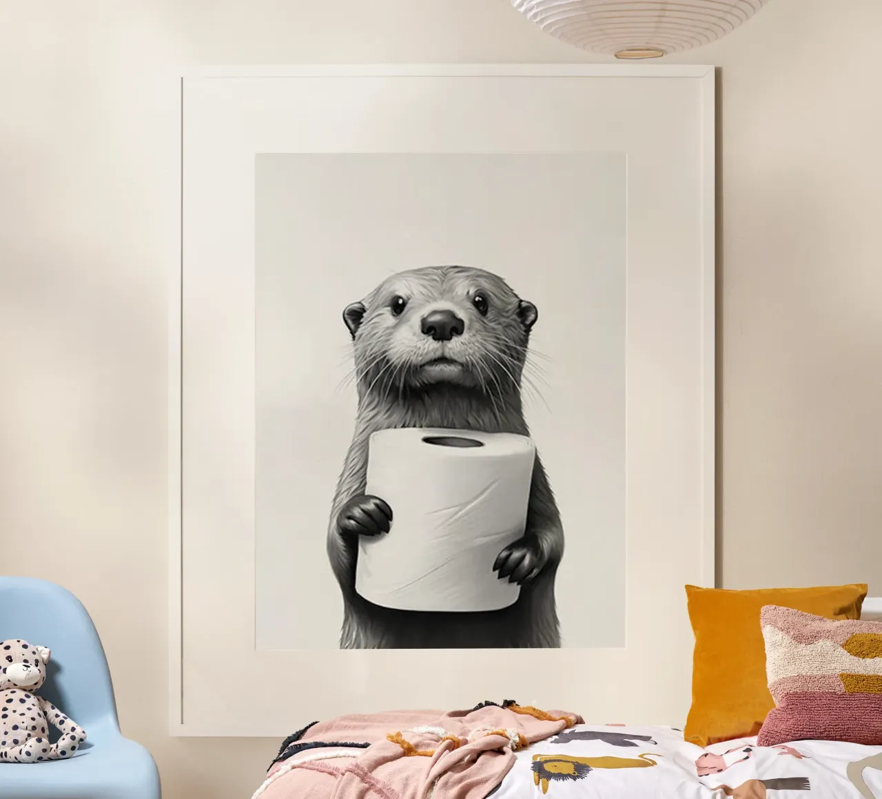 Carta igienica nelle mani poster con telaio in legno da christal shop