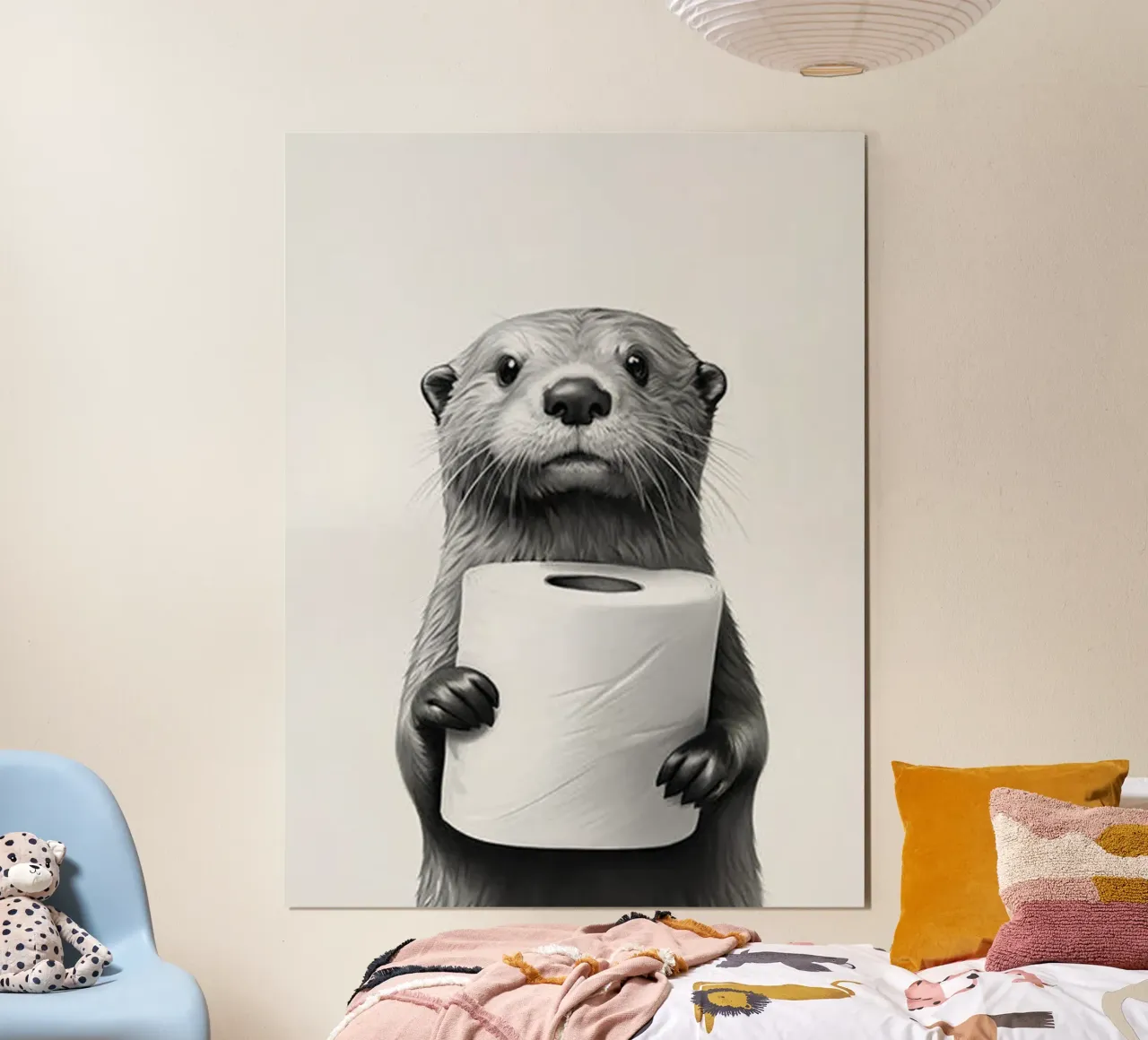 Carta igienica nelle mani poster con telaio in legno da christal shop