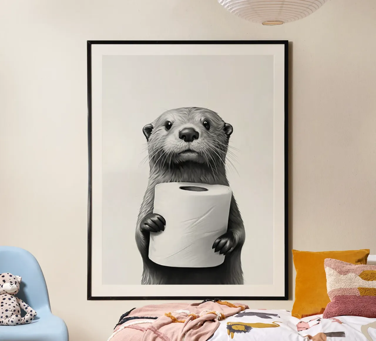 Carta igienica nelle mani poster con telaio in legno da christal shop