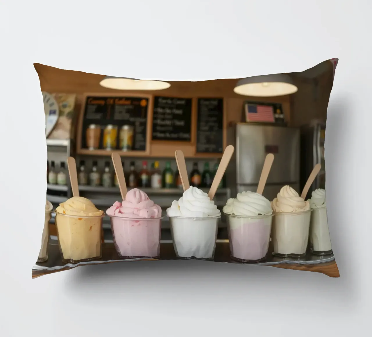 Varietà di deliziosi gusti di gelato soft serve esposti cuscino da DesignDoodle