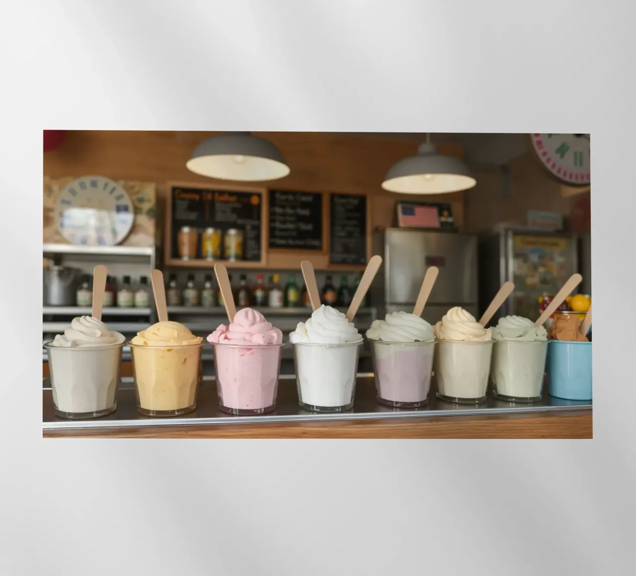 Varietà di deliziosi gusti di gelato soft serve esposti pellicola backlit da DesignDoodle