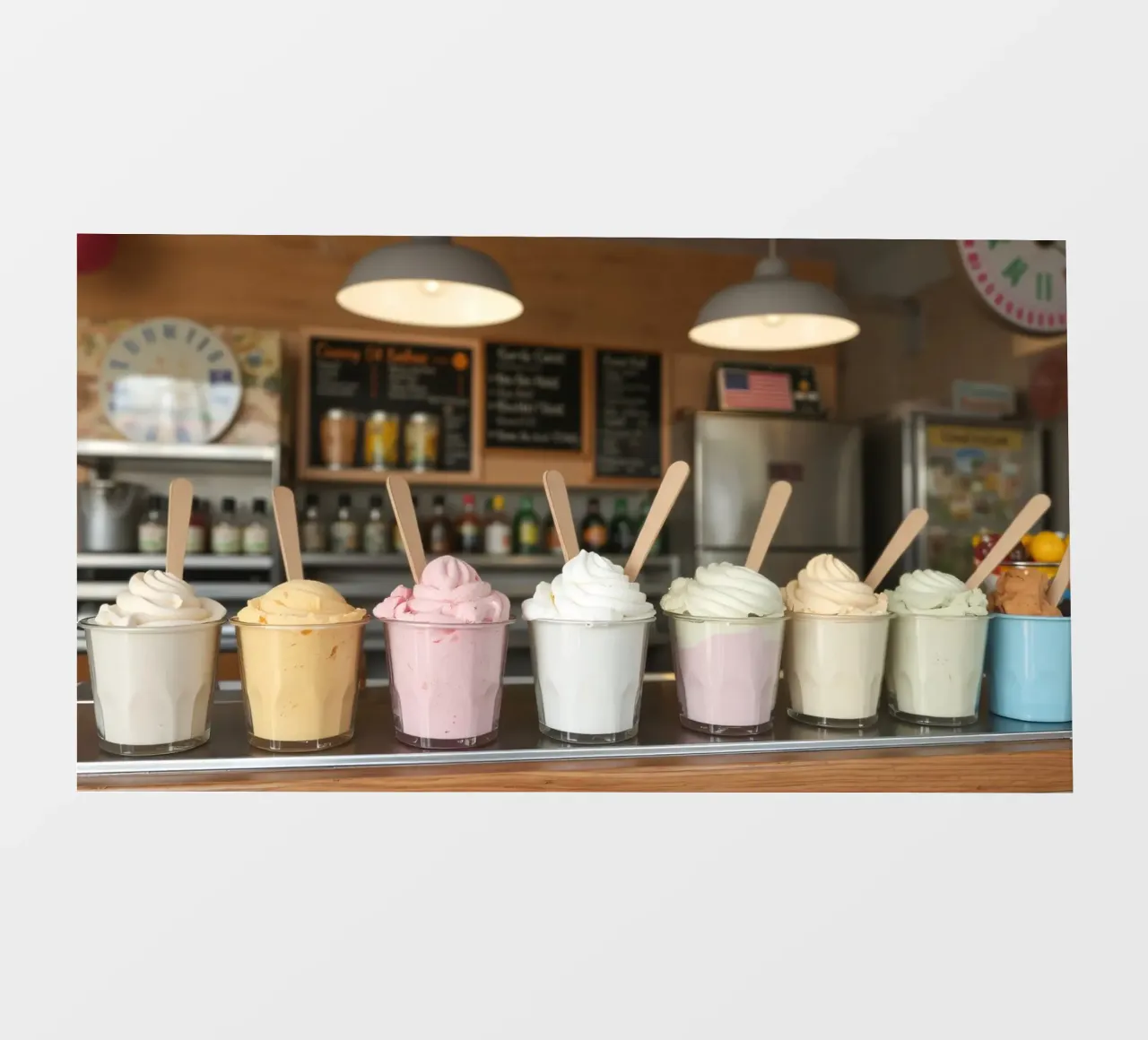 Varietà di deliziosi gusti di gelato soft serve esposti pellicola backlit da DesignDoodle