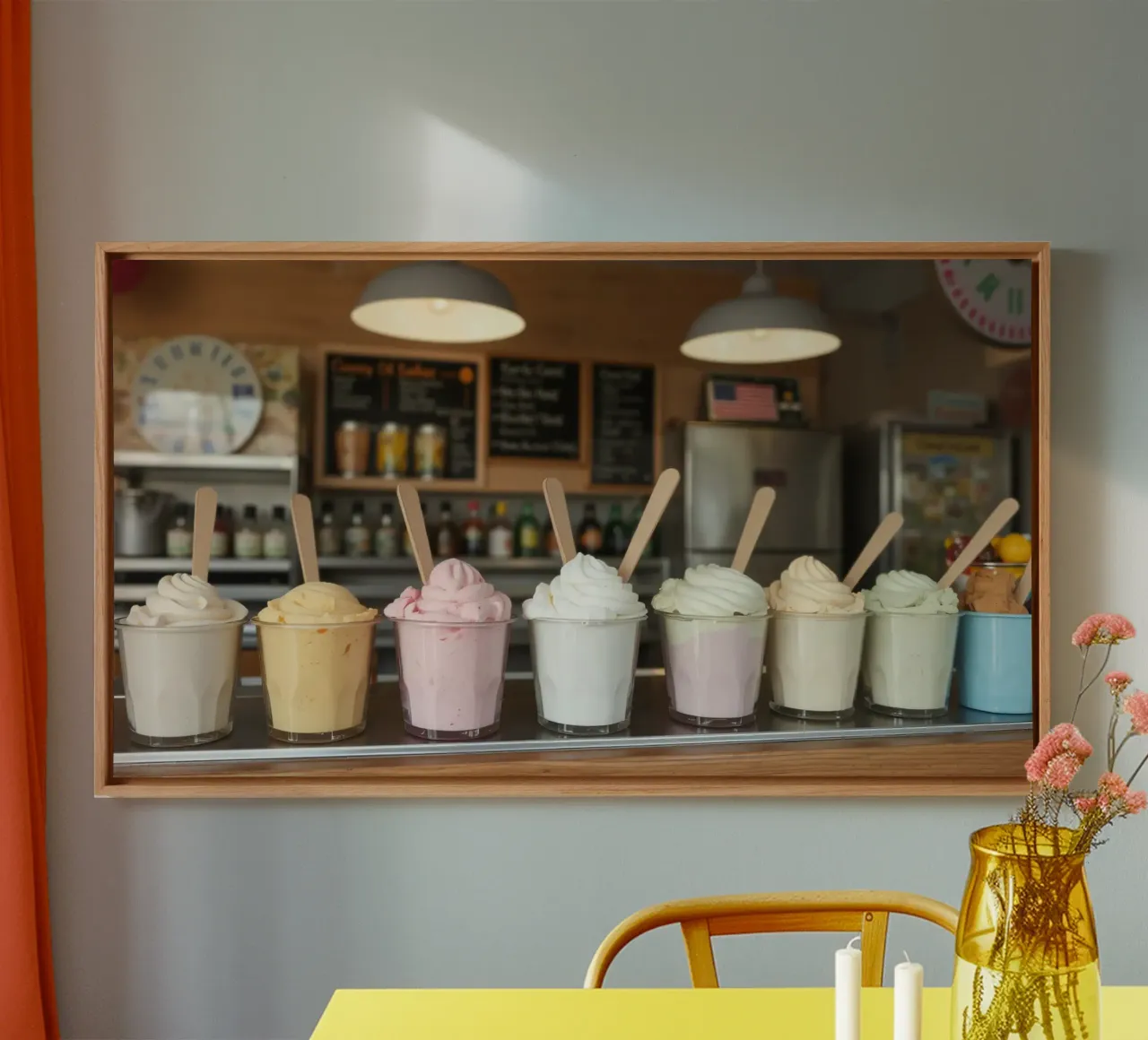 Variety of delicious soft serve ice cream flavors displayed canvas with Floater frame by DesignDoodle
