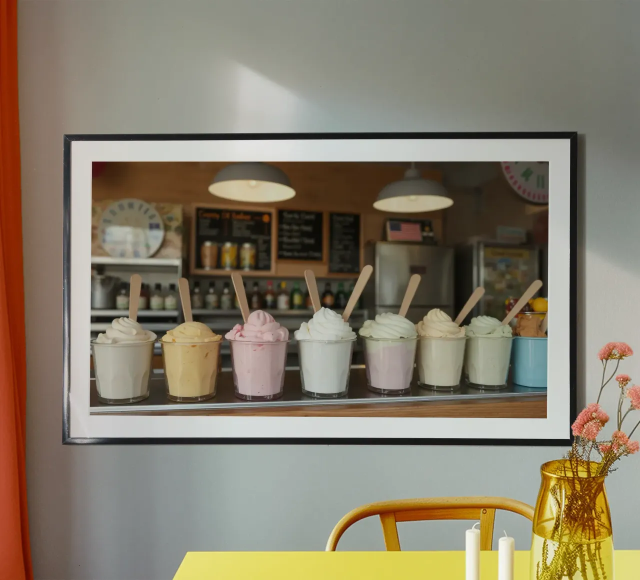 Varietà di deliziosi gusti di gelato soft serve esposti carta hahnemühle da DesignDoodle