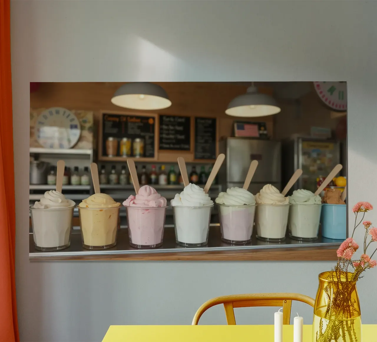 Varietà di deliziosi gusti di gelato soft serve esposti carta hahnemühle da DesignDoodle