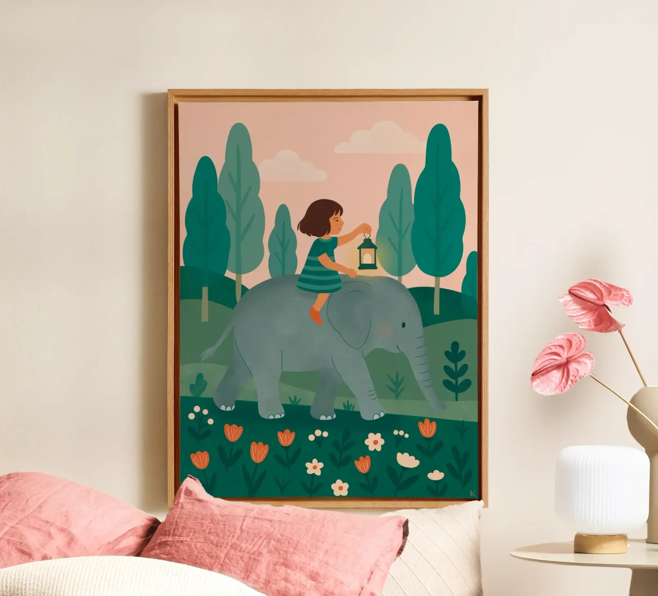 Het kleine meisje en de olifant canvas met Baklijst van kokoprint