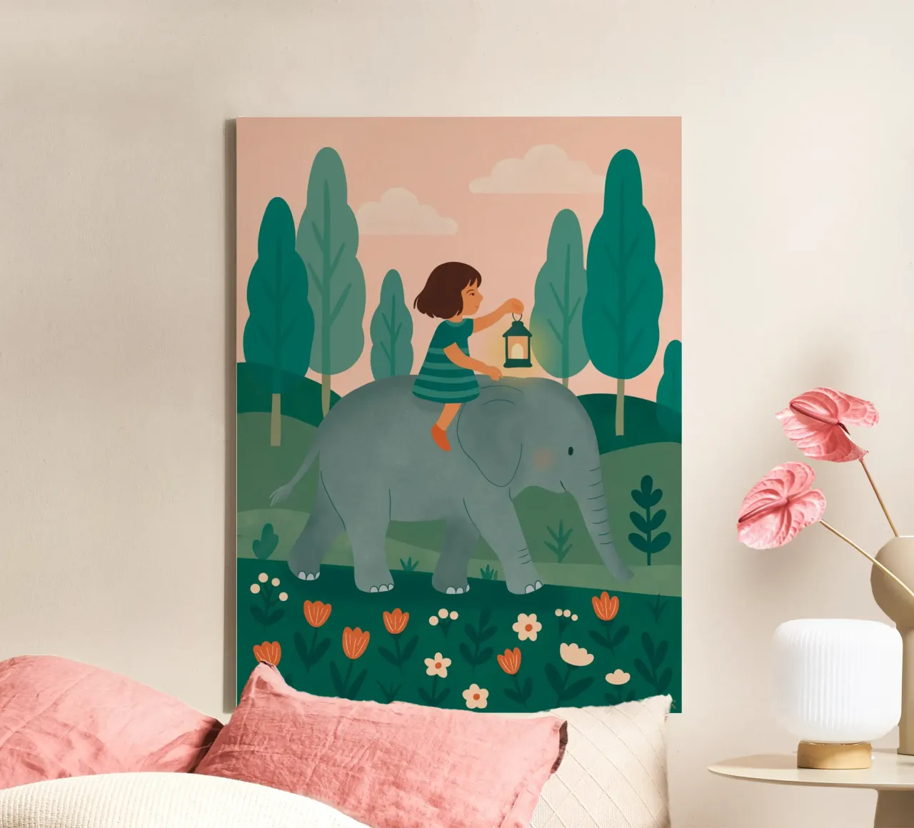 Het kleine meisje en de olifant canvas met Baklijst van kokoprint