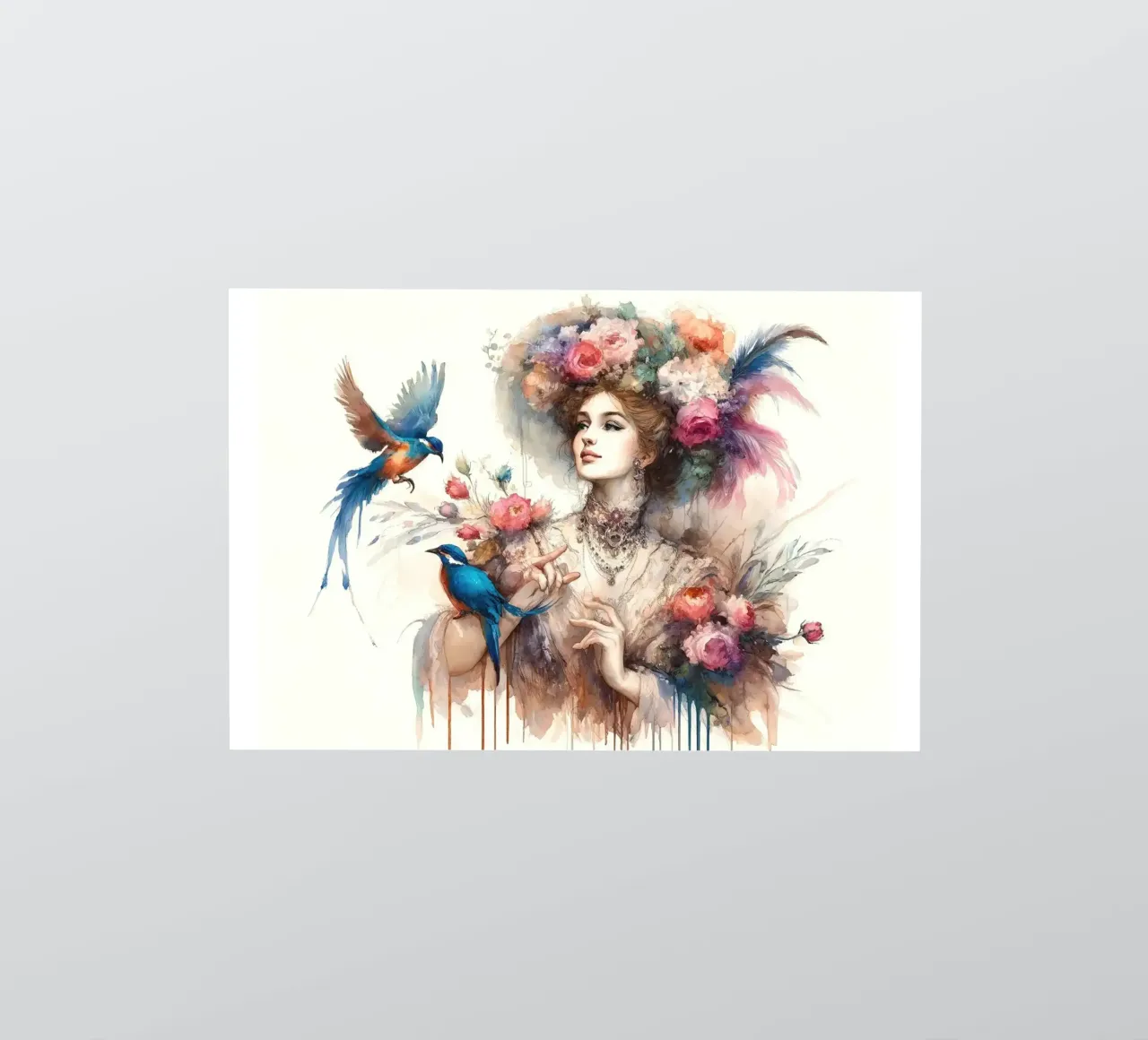 Incantevole signora tra fiori e uccelli adesivo da Chromatic Fusion Studio
