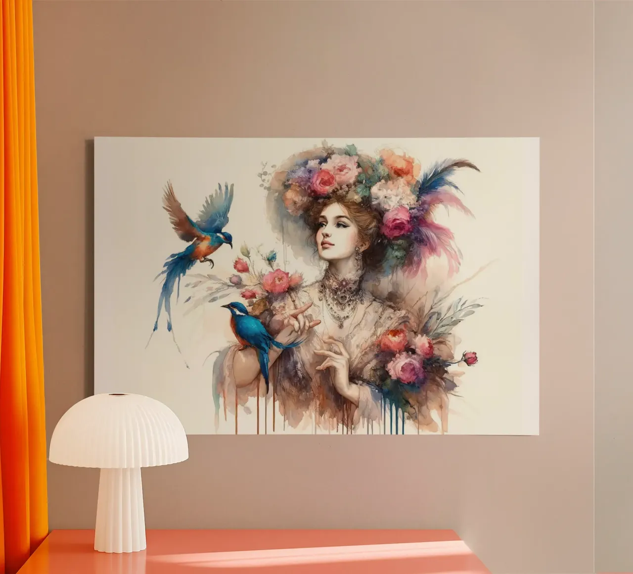 Incantevole signora tra fiori e uccelli tela da Chromatic Fusion Studio