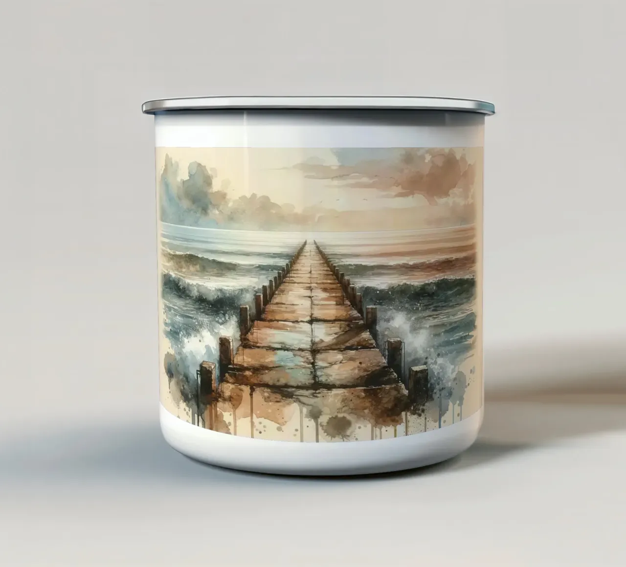 Endless Pier into the Horizon enamel mug by Chromatic Fusion Studio