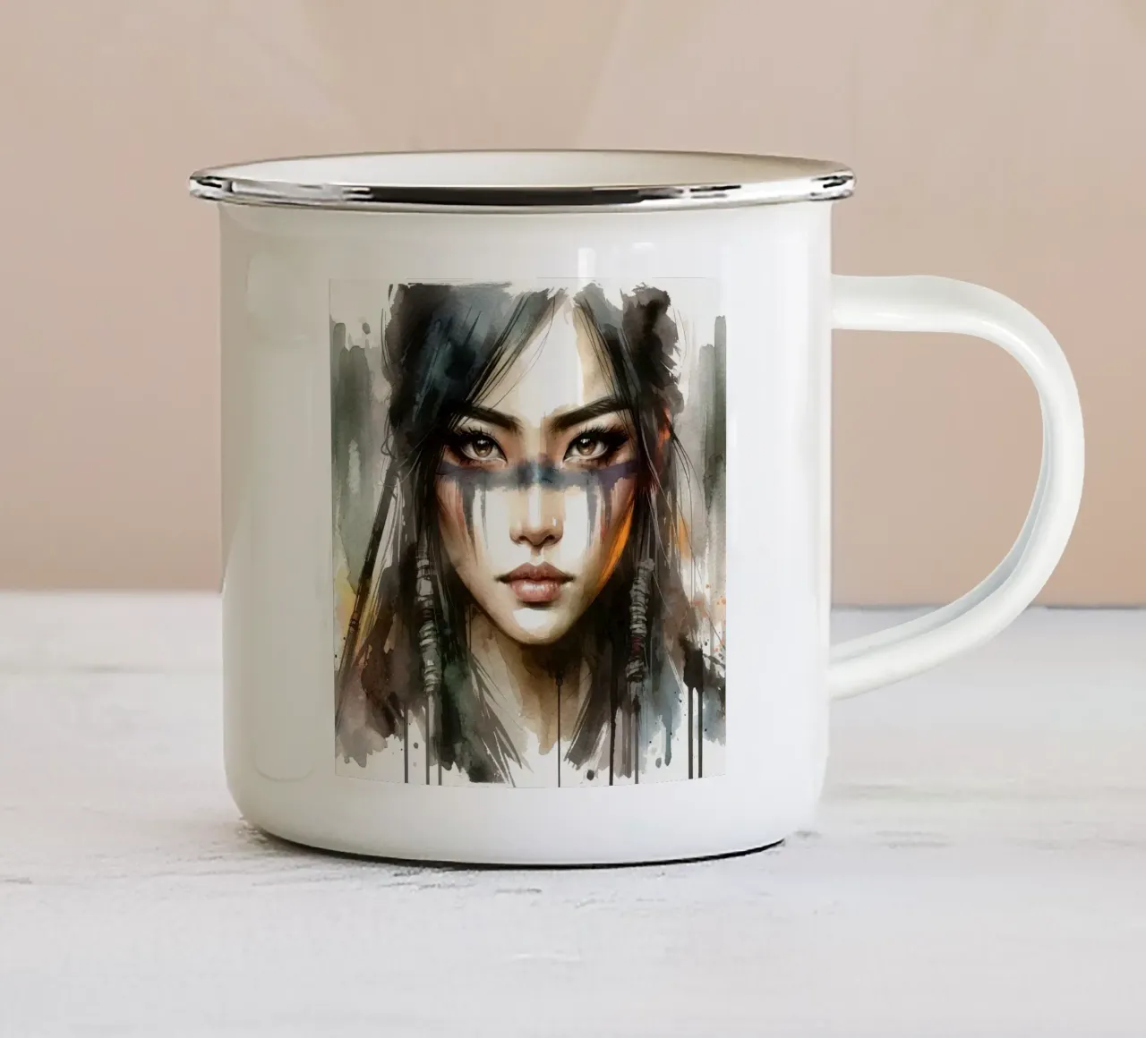 Volto etereo di guerriero asiatico tazza in smalto da Chromatic Fusion Studio