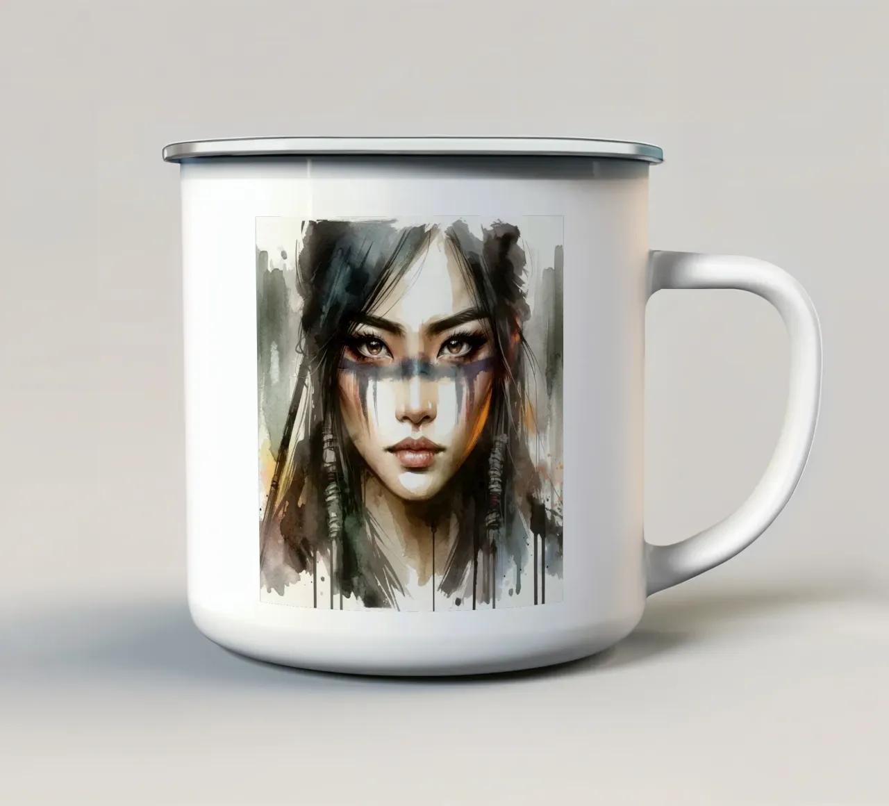 Volto etereo di guerriero asiatico tazza in smalto da Chromatic Fusion Studio