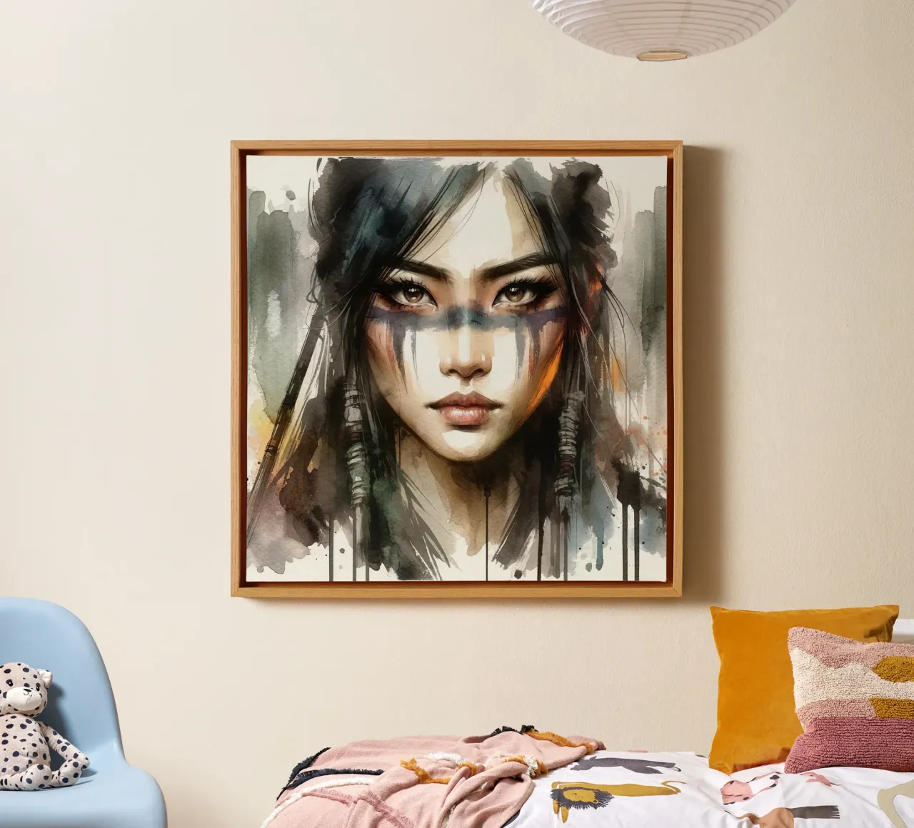 Etherisch Aziatisch Krijgergezicht canvas met Baklijst van Chromatic Fusion Studio