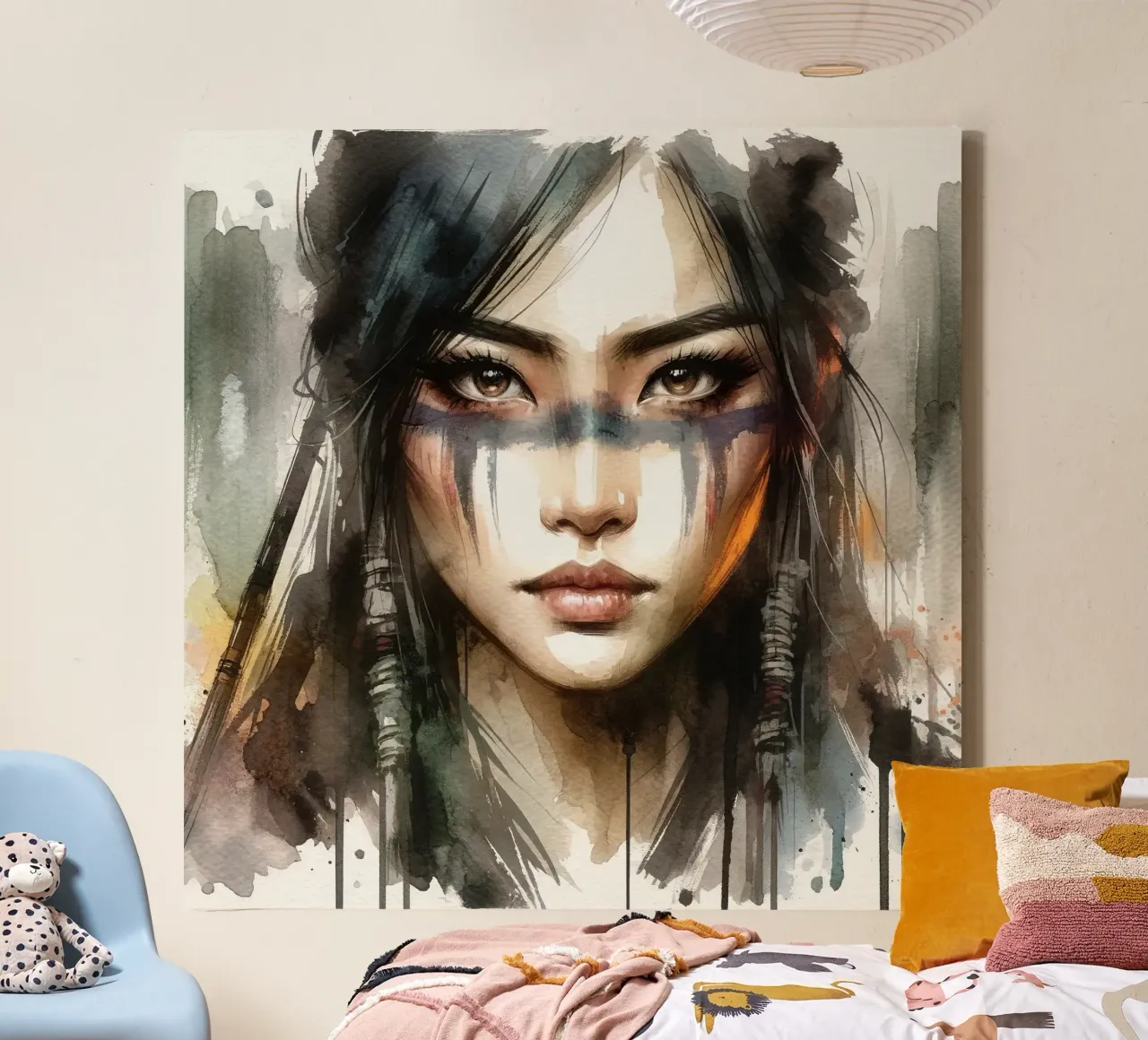 Etherisch Aziatisch Krijgergezicht canvas met Baklijst van Chromatic Fusion Studio