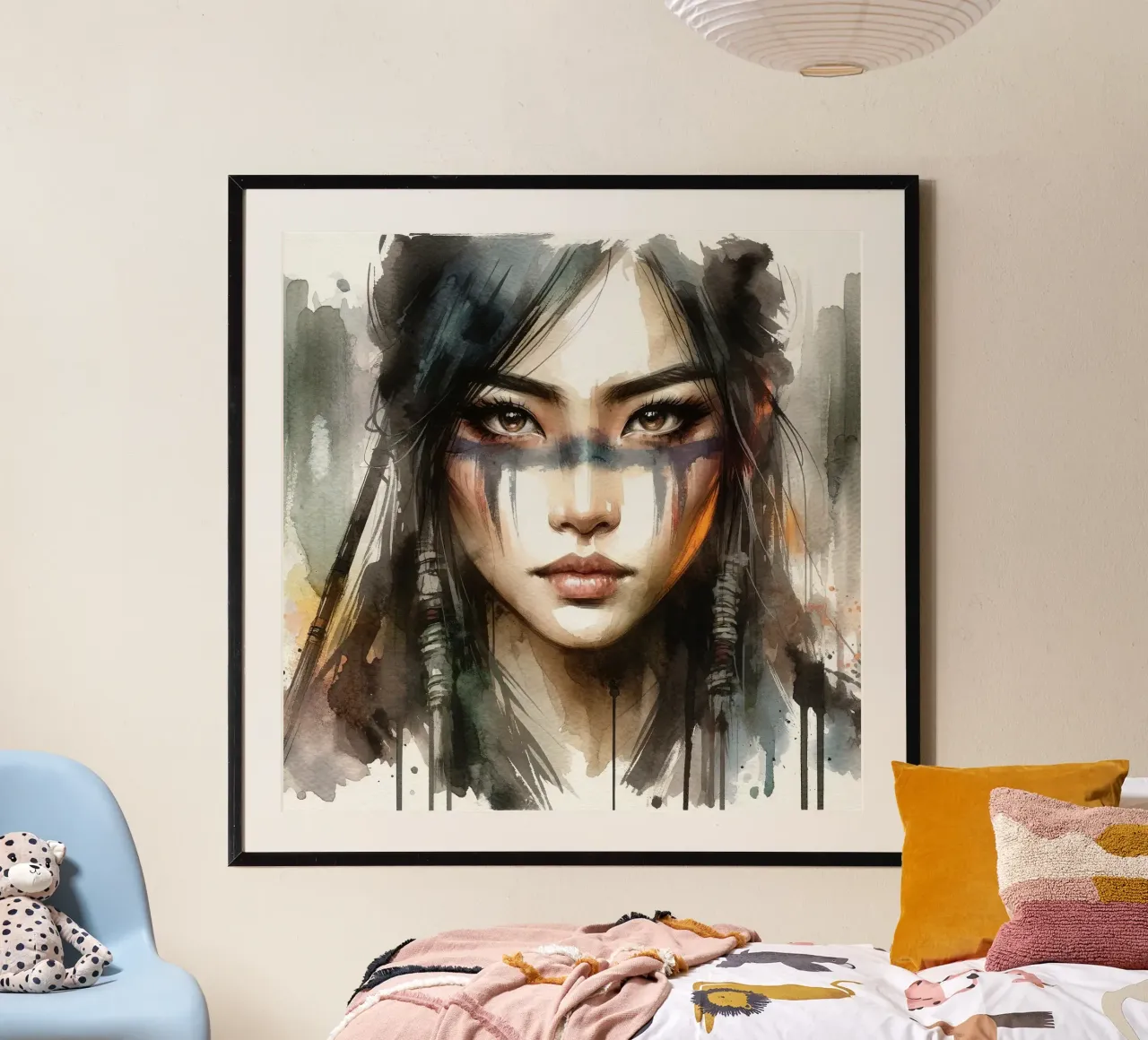 Ätherisches Gesicht eines asiatischen Kriegers Poster mit Aluminium Rahmen von Chromatic Fusion Studio