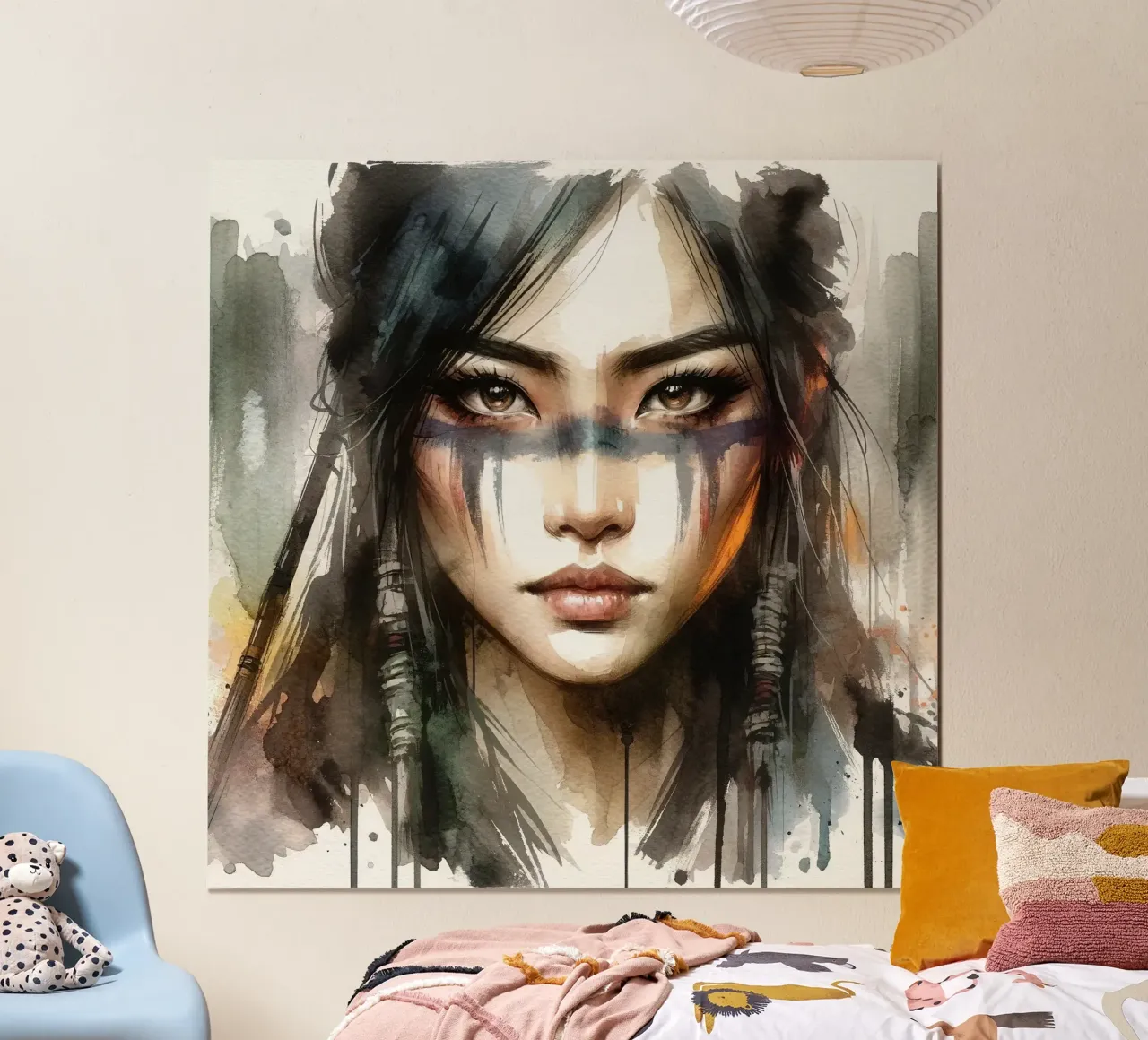 Ätherisches Gesicht eines asiatischen Kriegers Poster mit Aluminium Rahmen von Chromatic Fusion Studio