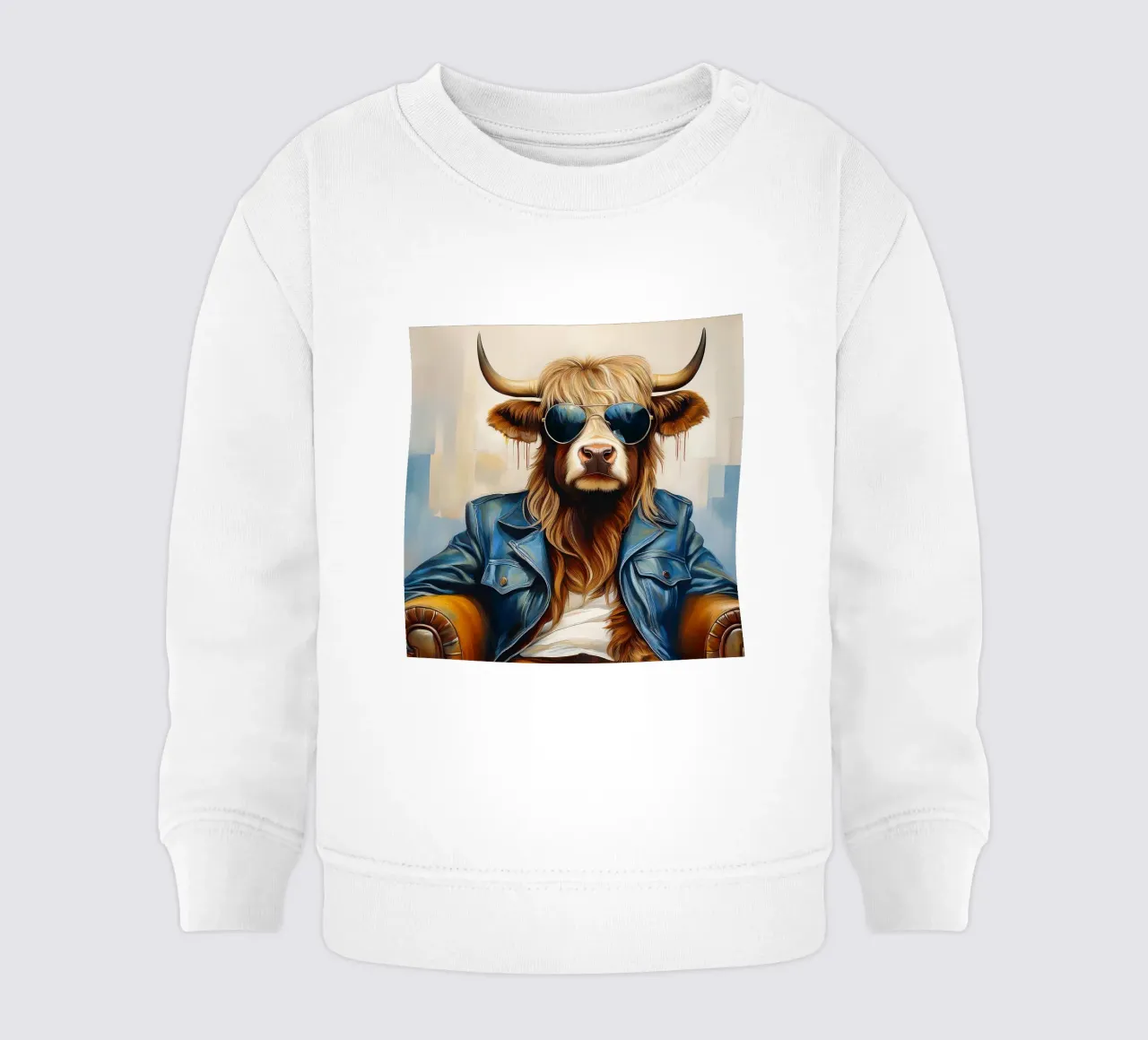 Mucca Highland che si rilassa con occhiali da sole e giacca blu felpa neonato da Take Your Art BV