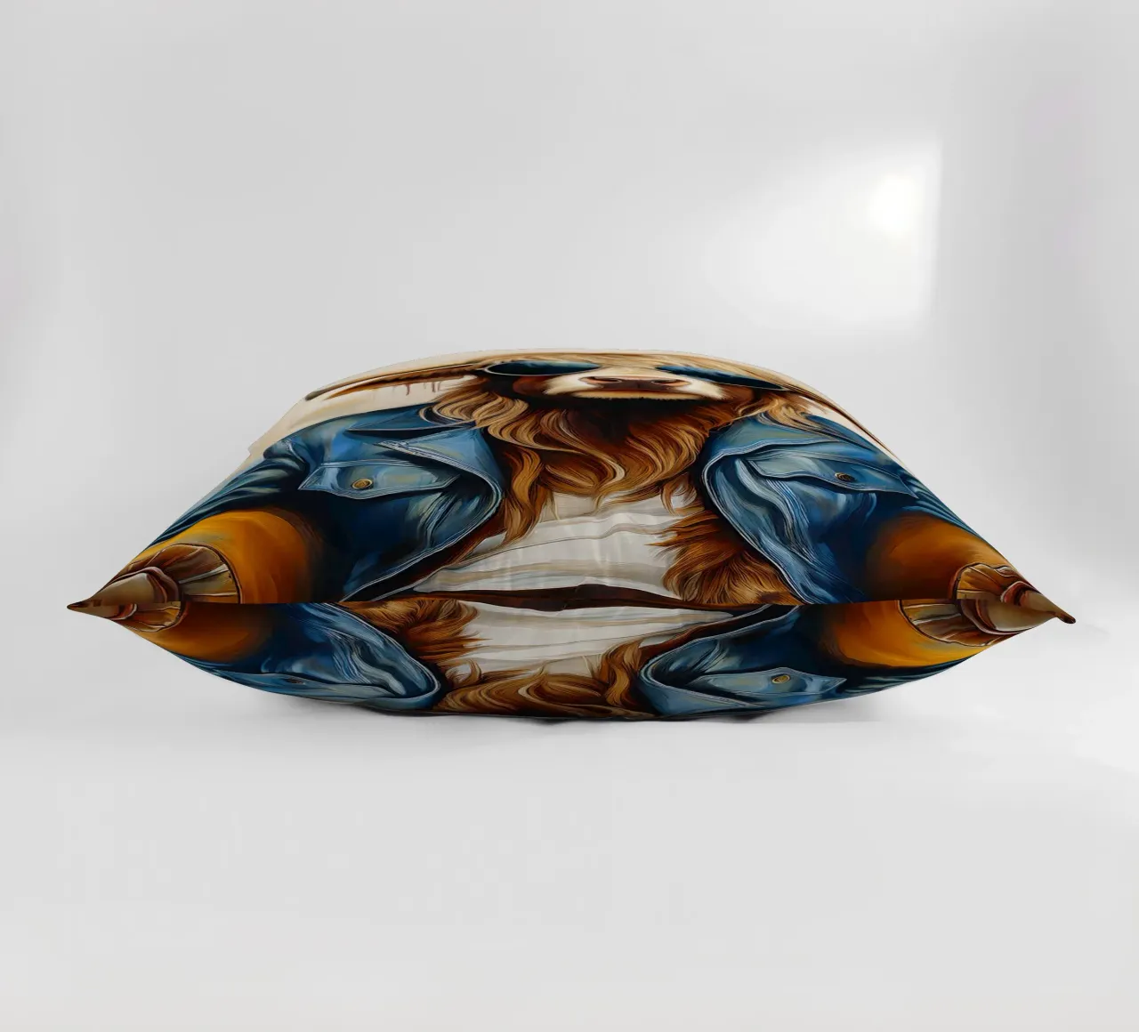 Mucca Highland che si rilassa con occhiali da sole e giacca blu cuscino da Take Your Art BV