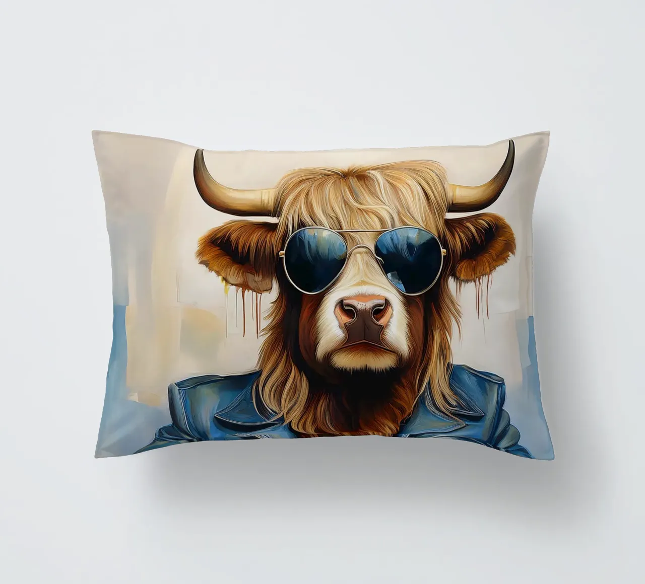 Mucca Highland che si rilassa con occhiali da sole e giacca blu cuscino da Take Your Art BV
