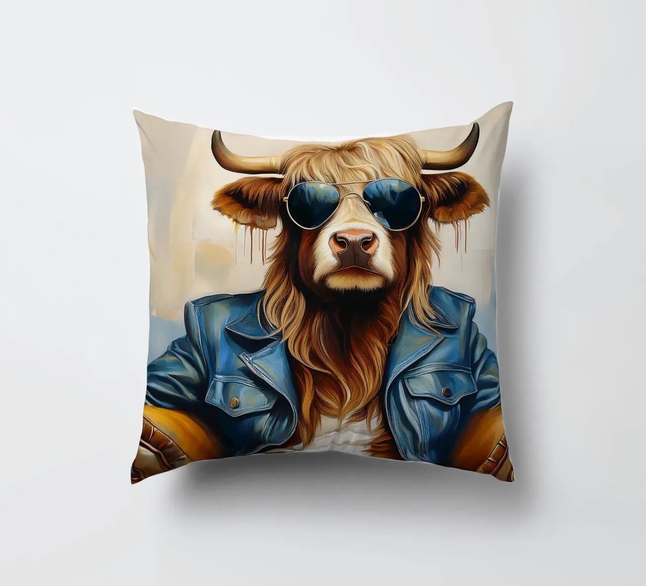 Mucca Highland che si rilassa con occhiali da sole e giacca blu cuscino da Take Your Art BV