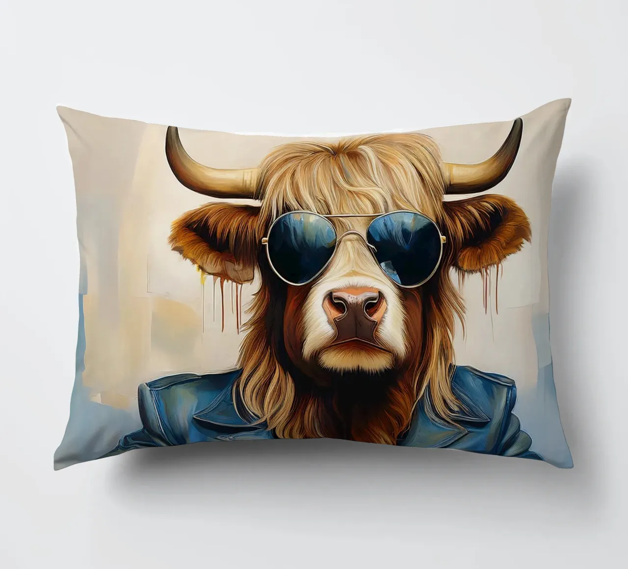Mucca Highland che si rilassa con occhiali da sole e giacca blu cuscino da Take Your Art BV