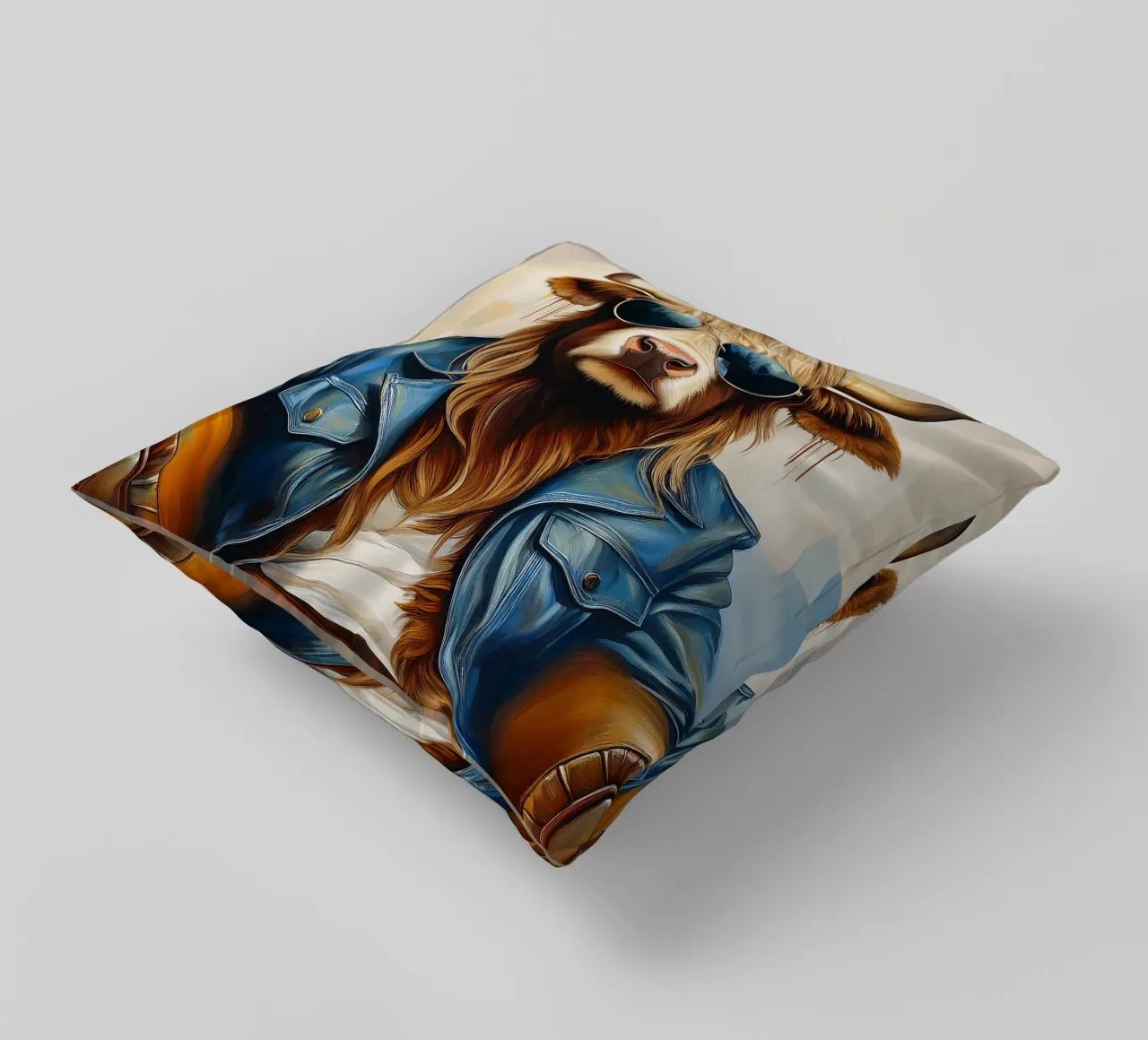 Mucca Highland che si rilassa con occhiali da sole e giacca blu cuscino da Take Your Art BV